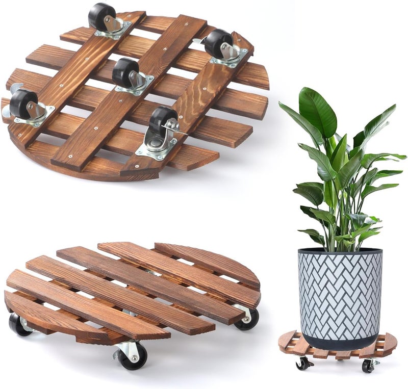 PRAQECZ 2 Pack 14" Plant Caddy with 5 Wheels, Rolling Plant Stand 220 LB Heavy Duty Wooden Round Plant Dolly with Metal 360° Lockable Caster Wheels for Outdoor Indoor Large Plant Pots, Flower Pot, Patio - Image 1